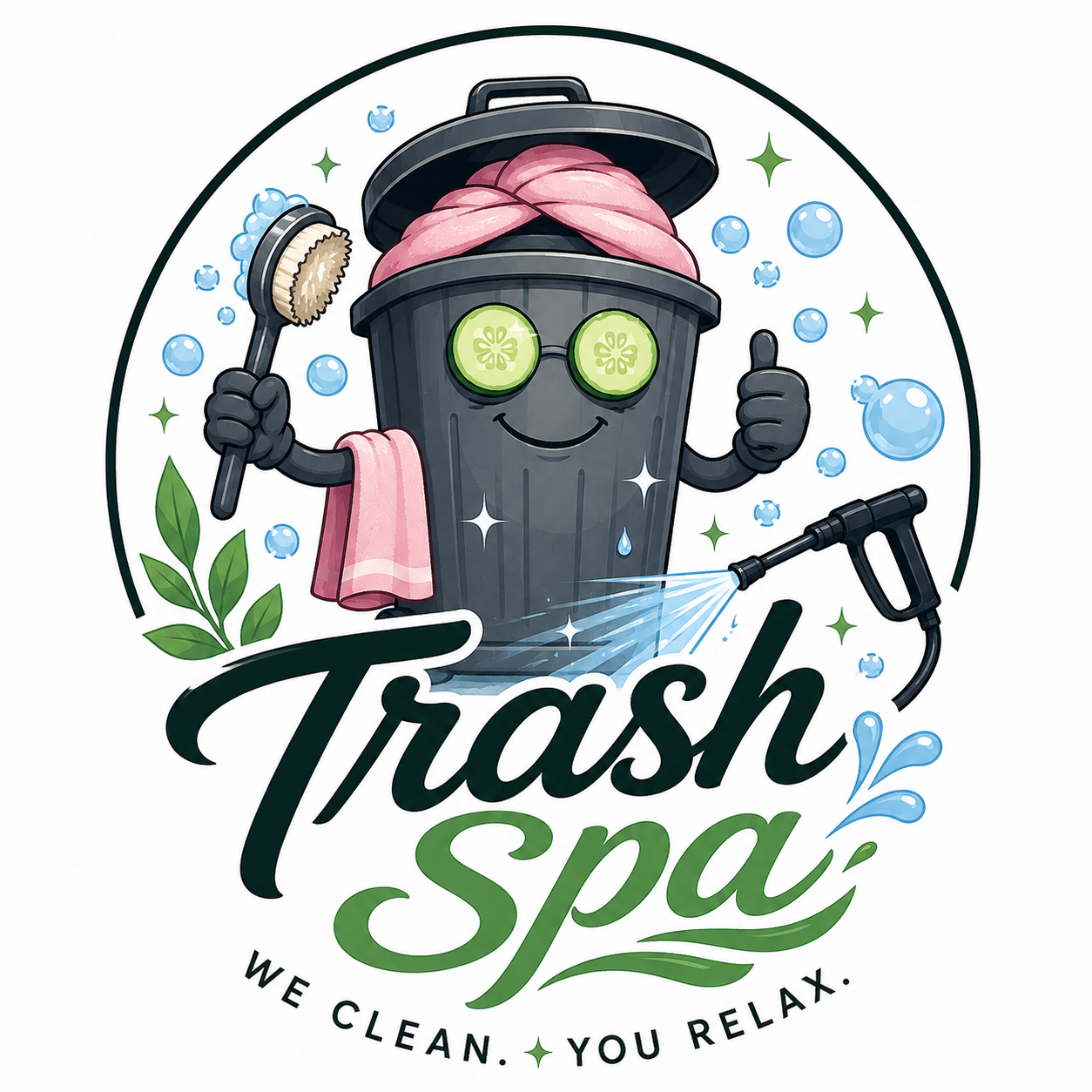 Trash Spa logo with a happy trash can wearing cucumbers and a towel